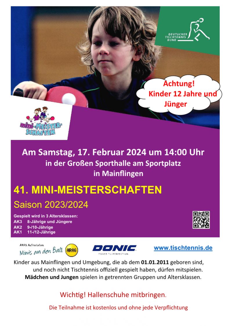 Plakat der 41. Mini-Meisterschaften 23/24.
Samstag 17.02.2024 um 14:00 Uhr in der großen Sporthalle in Mainflingen. gespielt wird in 3 Altersklassen. AK3 (8-Jahre und jünger), AK2 (9 und 10 Jahre) und AK1 (11 und 12 Jahre)