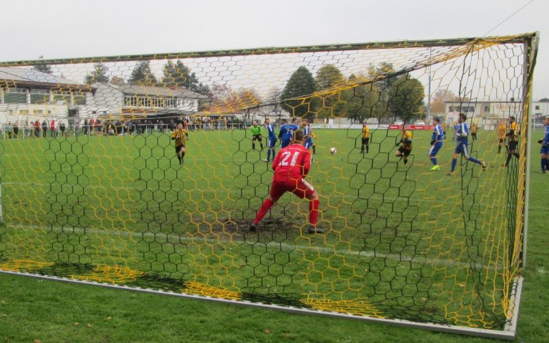 Fußballspiel. Angriff der TSG. Ball kommt zentral vors Tor. Mehrere Spieler beider Teams im 16er. Aufnahme von direkt hinter dem Tor im Vordergrund der Torwart in Erwartung des Schuss.