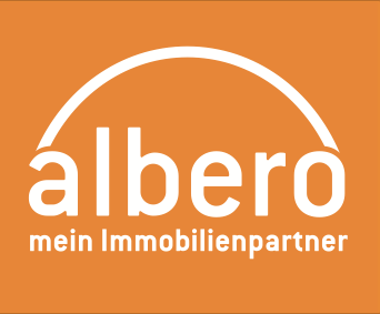 Logo des Immobilienmaklers Albero. Oranges Rechteck mit weißem Schriftzug: Albero mein Immobilienpartner.