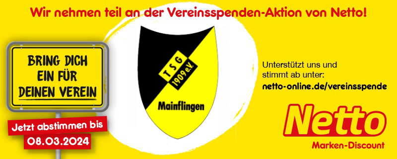 Banner für Netto Vereinspenden Aktion. Bring dich ein für deinen Verein. Jetzt abstimmen bis 08.03.2024. Unterstützt uns und stimmt ab unter: netto-online.de/vereinsspende