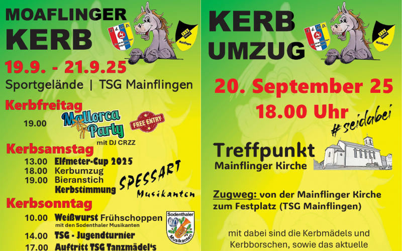 Moaflinger Kerb 19.09. bis 21.09.2025 Sportgelände TSG Mainflingen Kerbfreitag 19:00 Uhr Mallorca Party mit DJ CRZZ Free Entry Kerbsamstag 13:00 Uhr Elfmeter-Cup 2025 18:00 Uhr Kerbumzug 19:00 Uhr Bieranstich - Kerbstimmung mit Spessart Musikanten Kerbsonntag 10:00 Uhr Weißwurst Frühschoppen mit den Sodenthaler Musikanten 14:00 TSG-Jugendturnier 17:00 Auftritt TsG Tanzmädels Kerbmontag 22.09.2025 18:00 Uhr Verbrennung Kerbborsch und Kerbmädel Vergnügungspark, Barbetrieb, Livemusik Kerbumzug 20.09.2025 18:00 Uhr #seidabei Treffpunkt Mainflinger Kirche Zugweg: von der Mainflinger Kirche zum Festplatz (TSG Mainflingen) mit dabei sind die Kerbmädels und Kerbborschen, sowie das aktuelle Dreigestirn 2025 mit dem Fastnachtswagen "Kilian".