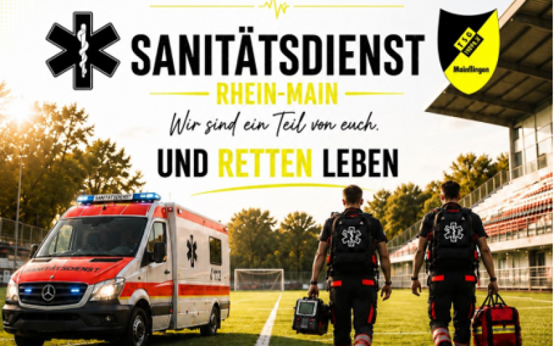 AI generiertes Foto eines Sportplatz. Rechts eine Zuschauertribüne, links steht ein Rettungswagen auf dem Rasenplatz, dazwischen 2 Sanitäter von hinten. Auf dem Foto steht: Ab jetzt Partnerschaft mit dem Sanitätsdienst Rhein-Main. Sanitätsdienst Rhein-Main wir sind ein Teil von euch und retten Leben. Gemeinsam stark, Eine Partnerschaft auf Augenhöhe. Für Sport, Sicherheit und Menschen.