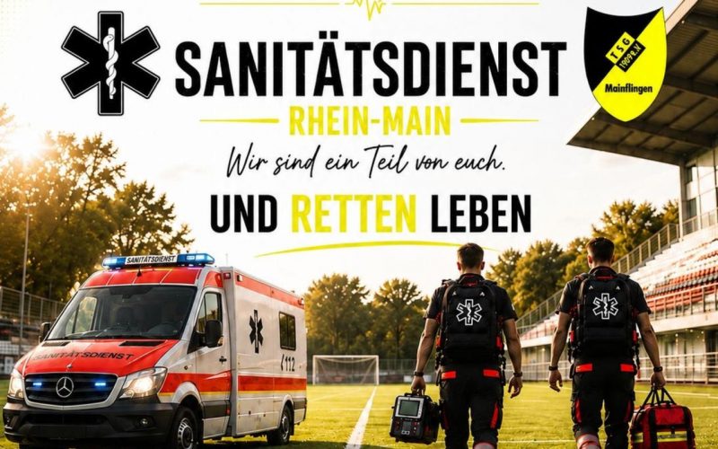 AI generiertes Foto eines Sportplatz. Rechts eine Zuschauertribüne, links steht ein Rettungswagen auf dem Rasenplatz, dazwischen 2 Sanitäter von hinten. Auf dem Foto steht: Ab jetzt Partnerschaft mit dem Sanitätsdienst Rhein-Main. Sanitätsdienst Rhein-Main wir sind ein Teil von euch und retten Leben. Gemeinsam stark, Eine Partnerschaft auf Augenhöhe. Für Sport, Sicherheit und Menschen.