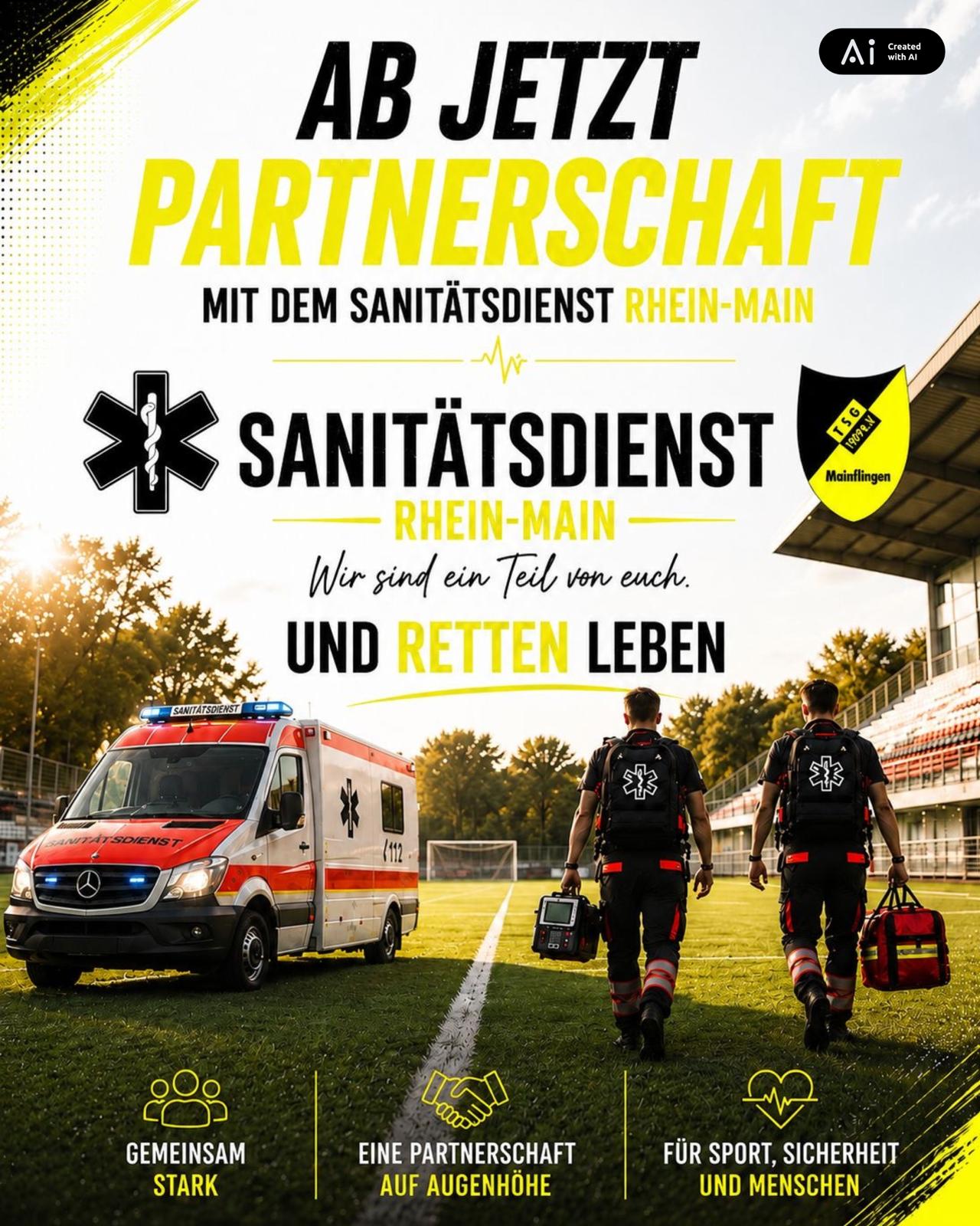 AI generiertes Foto eines Sportplatz. Rechts eine Zuschauertribüne, links steht ein Rettungswagen auf dem Rasenplatz, dazwischen 2 Sanitäter von hinten. Auf dem Foto steht: Ab jetzt Partnerschaft mit dem Sanitätsdienst Rhein-Main. Sanitätsdienst Rhein-Main wir sind ein Teil von euch und retten Leben. Gemeinsam stark, Eine Partnerschaft auf Augenhöhe. Für Sport, Sicherheit und Menschen.