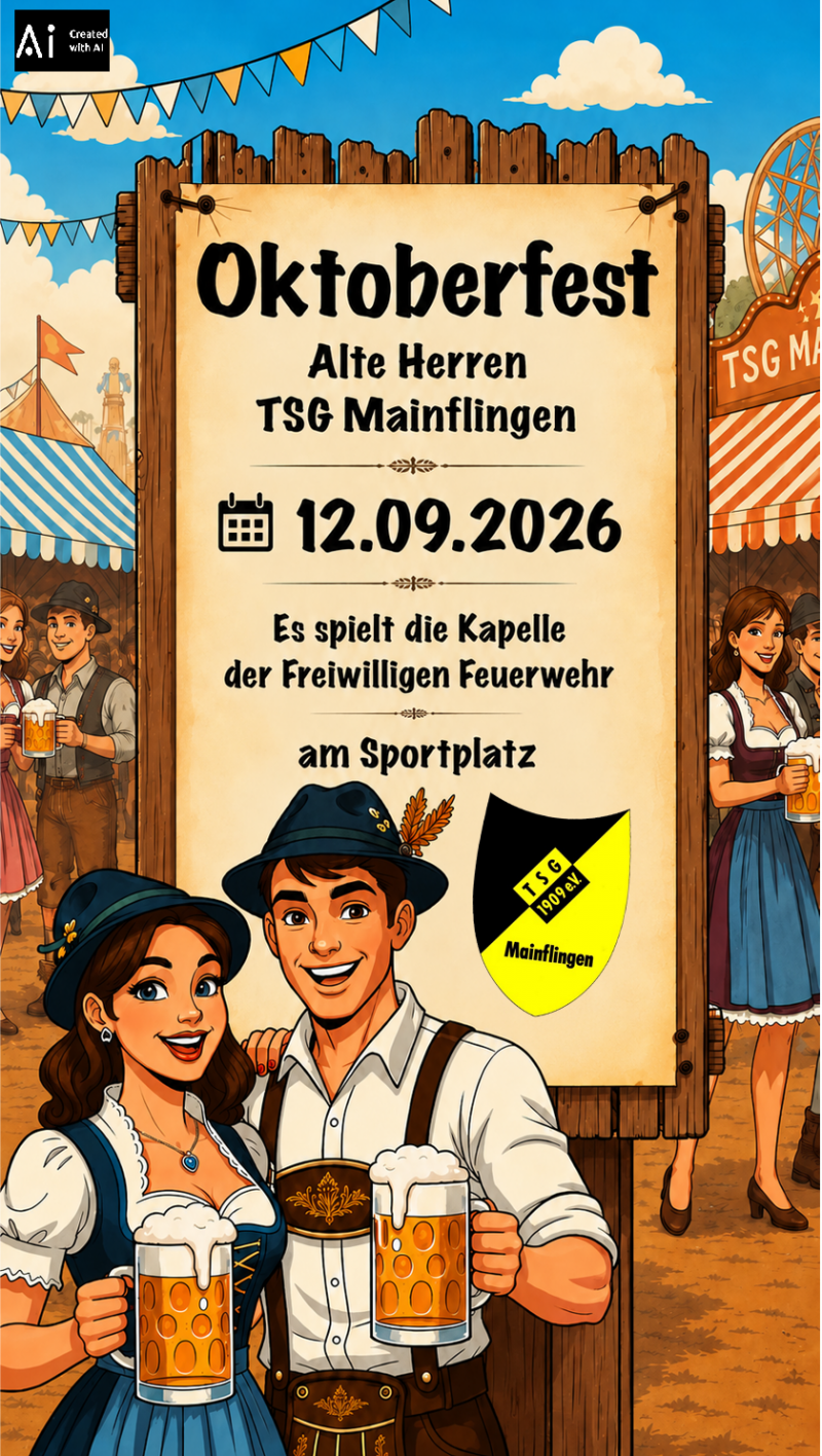 KI generiertes Plakat/Flyer: Oktoberfest Alte Herren TSG Mainflingen. 12.09.2026
Es spielt die Kapelle der Freiwilligen Feuerwehr am Sportplatz.