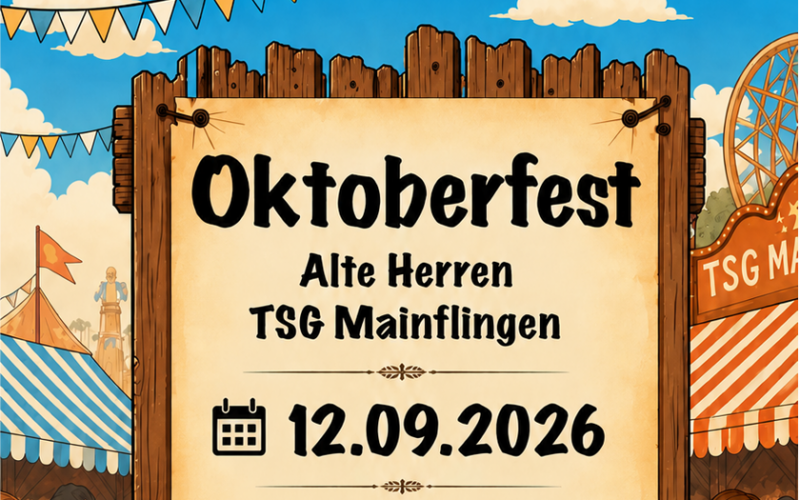 KI generiertes Plakat/Flyer: Oktoberfest Alte Herren TSG Mainflingen. 12.09.2026 Es spielt die Kapelle der Freiwilligen Feuerwehr am Sportplatz.