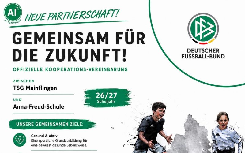 Plakat über Kooperation zwischen der Anna-Freud-Schule Mainflingen und der TSG Mainflingen: KI generiert. Neue Partnerschaft! Gemeinsam für die Zukunft! Deutscher Fußball-Bund. Offizielle Kooperations-Vereinbarung zwischen TSG Mainflingen und Anna-Freud-Schule für das Schuljahr 2026/2027. Unsere Gemeinsamen Ziele: Gesund und aktiv: Eine sportliche Grundausbildung für eine bewusst gesunde Lebensweise. Persönlichkeit stärken: Die Potenziale jedes Kindes fördern und fürs Leben nutzen. Gemeinsam vor Ort: Schule und Verein vernetzen sich für ein starkes Miteinander. Mehr Sport, mehr Spaß: Freizeit- und Breitensport im Fußball verbessern. Fürs Leben begeistern: das Interesse für ein lebenslanges Sporttreiben wecken. Für unsere Kinder. Für den Fußball. Für die Zukunft.