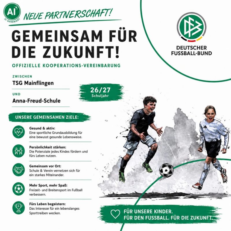 Plakat über Kooperation zwischen der Anna-Freud-Schule Mainflingen und der TSG Mainflingen: KI generiert. Neue Partnerschaft! Gemeinsam für die Zukunft! Deutscher Fußball-Bund. Offizielle Kooperations-Vereinbarung zwischen TSG Mainflingen und Anna-Freud-Schule für das Schuljahr 2026/2027. Unsere Gemeinsamen Ziele: Gesund und aktiv: Eine sportliche Grundausbildung für eine bewusst gesunde Lebensweise. Persönlichkeit stärken: Die Potenziale jedes Kindes fördern und fürs Leben nutzen. Gemeinsam vor Ort: Schule und Verein vernetzen sich für ein starkes Miteinander. Mehr Sport, mehr Spaß: Freizeit- und Breitensport im Fußball verbessern. Fürs Leben begeistern: das Interesse für ein lebenslanges Sporttreiben wecken. Für unsere Kinder. Für den Fußball. Für die Zukunft.